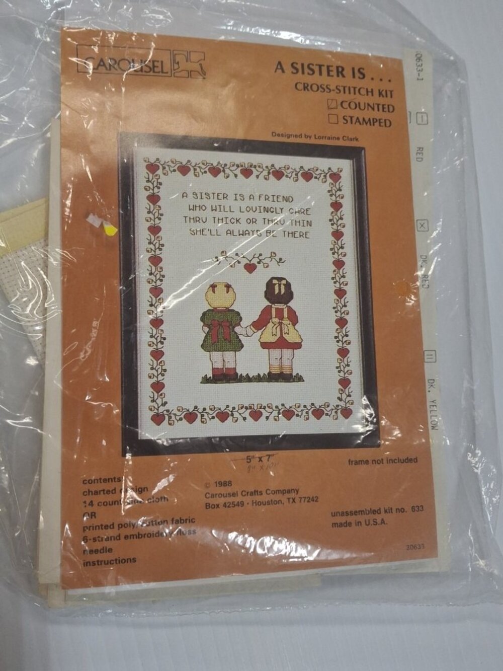 Vtg Carousel "A Sister Is A Friend" Cross Stitch Kit-#633, 1988-Hearts-